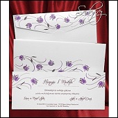 Levné svatební oznámení s fialovými květy a s potištěnou obálkou