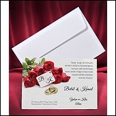 Svatební oznámení s kyticí rudých růží a snubními prsteny vzor 2653