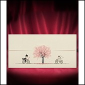 Jednoduché jednodílné rozkládací cyklistické svatební oznámení s růžovým stromem a roztomilými cyklisty vzor 2714