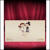 Jednodílné rozkládací svatební oznámení ve tvaru dopisní obálky s roztomilým obrázkem večerníčkových postaviček snoubenců vzor 2727