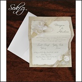 Skládací svatební oznámení listina, v rozích s bílými růžemi