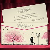Vysouvací dvoudílné svatební oznámení s milenci pod lampou v růžově kvetoucím parku vzor 5468
