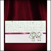 Jednodílné rozkládací svatební oznámení s obrázkem culících se postaviček nevěsty a ženicha vzor 5526