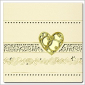 Zlaté bohatě ornamentálně zdobené svatební oznámení s prsteny v srdci